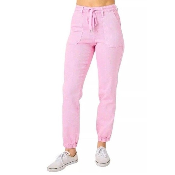 Judy Blue Jeans Women’s 3/26 Pink Garment Dyed High Rise Jogger Stretch Denim - Picture 2 of 15